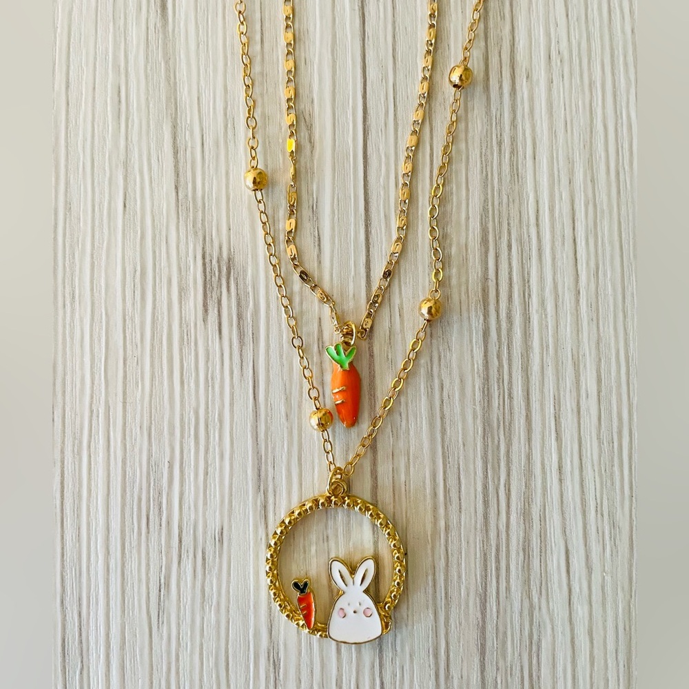 Bunny and carrot gold plated layered necklace